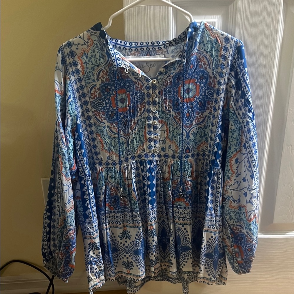 Kyla Seo Blue Buttoned Blouse with Bib Collar and Relaxed Fit